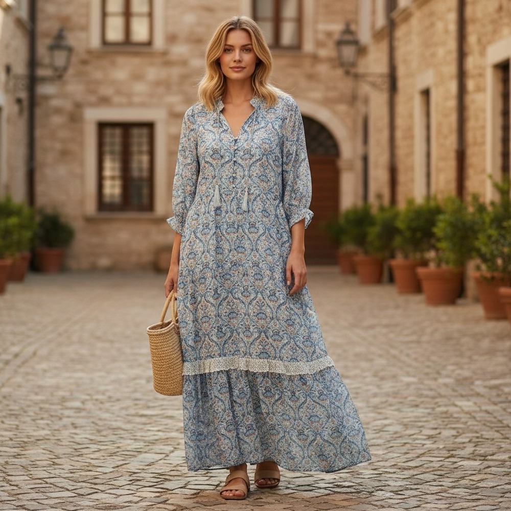 Wonderly Maxi Dress Womens Medium Blue Paisley Boho Tiered Tassel LGM20298BK